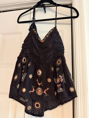Free People Black Striped Embroidered Halter Camisole